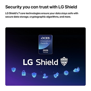 LG Shield, applied to LG QNED AI QNED75 Mini LED, is shown with an LG Shield logo at the center, security icons below, and a 2026 CES Innovation Awards Honoree badge above, representing data and system protection.